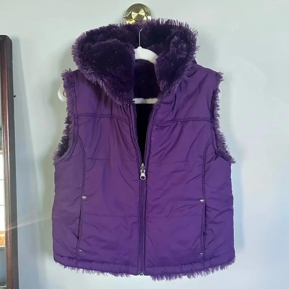 KC Collections Girls 7/8 Reversible Faux Fur Puffer Vest Purple Hooded